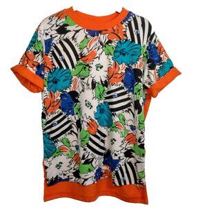 Vintage 1980s Traffic Jam Shirt Women Small Retro Floral Orange Blue Beach Surf